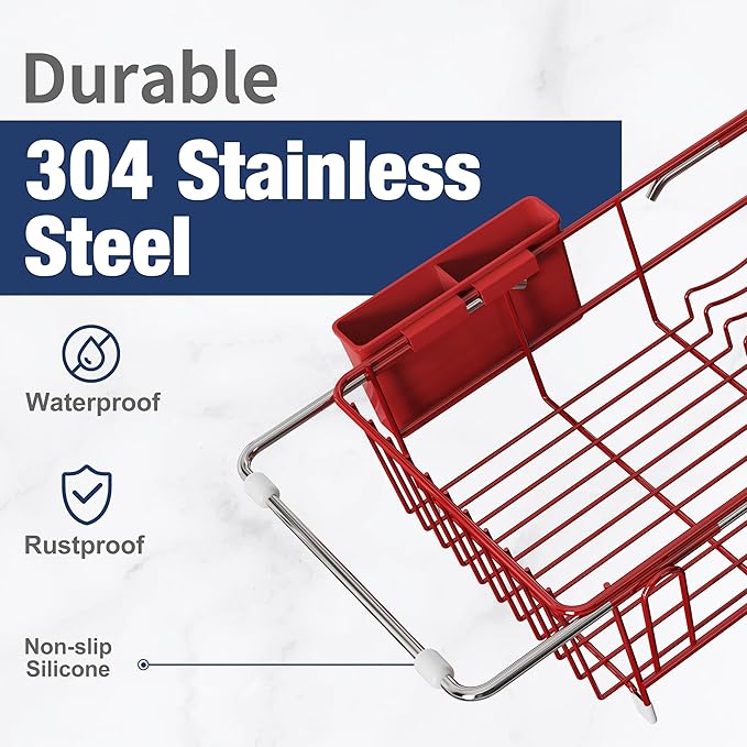 JASIWAY Red Dish Drying Rack in Sink with Drainboard and Utensil Holder | Use Over the Sink or Counter, Stainless Steel Expandable Dish Drainer for Small Kitchen, Space Saving, Fast Drain, Rustproof