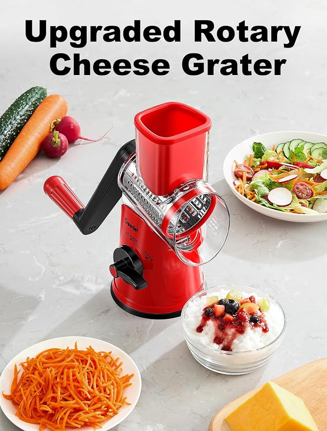 Geedel Rotary Cheese Grater Vegetable Shredder With 6 Interchangeable Blades No Slip Suction Base, Mandoline Slicer & Food Chopper for Cheese, Ice, Nuts, Vegetables, Veggie