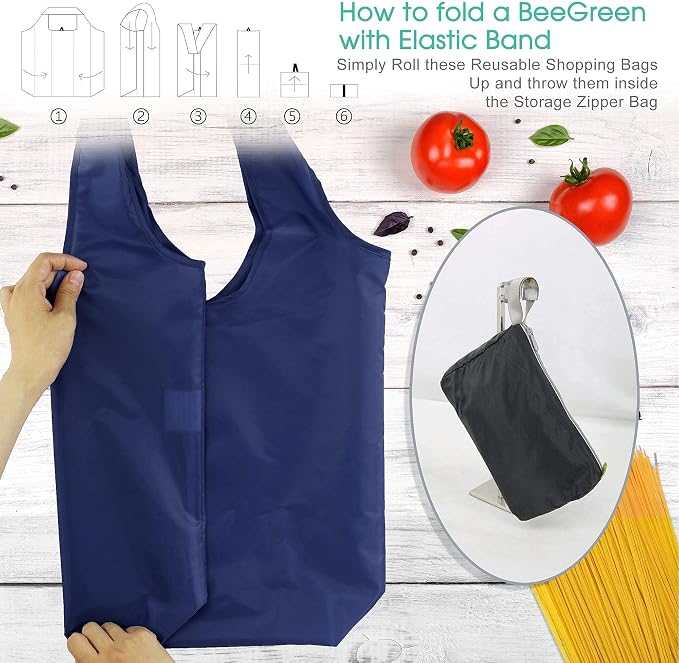 BeeGreen Navy Blue Reusable Grocery Bags Wholesale Reusable Kitchen Bags Bulk Foldable-Machine Washable with Zipper Storage Pouch 50 Packs