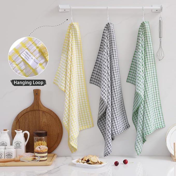 Mordimy Cotton 8 Pack Terry Kitchen Towels, 16 x 25 Inches | Super Soft and Absorbent Dish Towels, Quick Drying Hand Towels for Kitchen Drying, Black/Grey/Yellow/Green