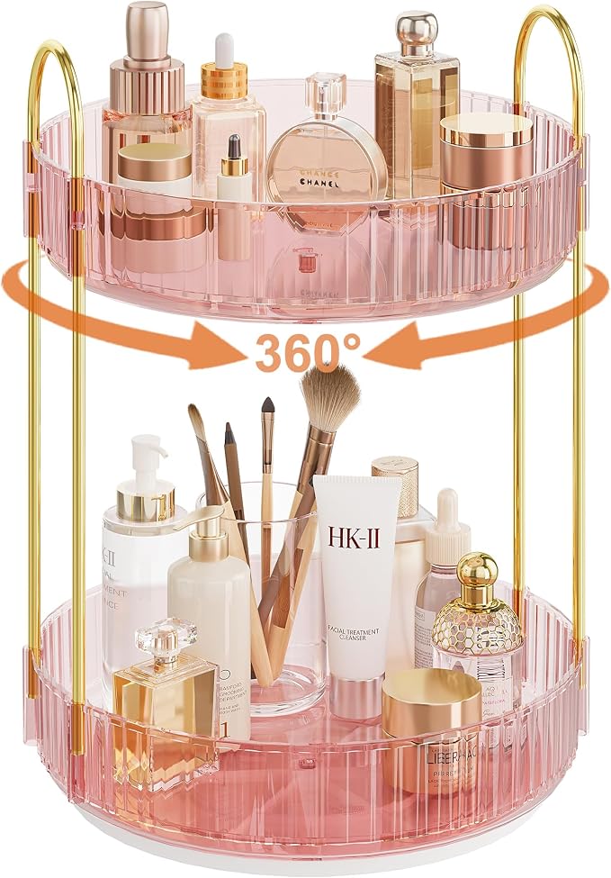 Rotating Makeup Organizer Countertop, Skincare Organizers | Spinning Perfume Tray Stand, Makeup Storage Organizer for Vanity, Bathroom Organizer and Storage, Lazy Susan, 2 Tier, Pink