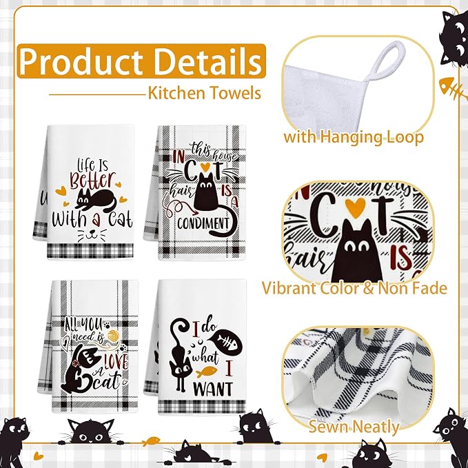 8 PCS Black Cat Decor Kitchen Decor and Accessories - 4 Dish Towels Set 2 Oven Mitts and Pot Holders Sets for Cat Lover Cooking Baking Cute Kitty Kitten Plaid Lightweight