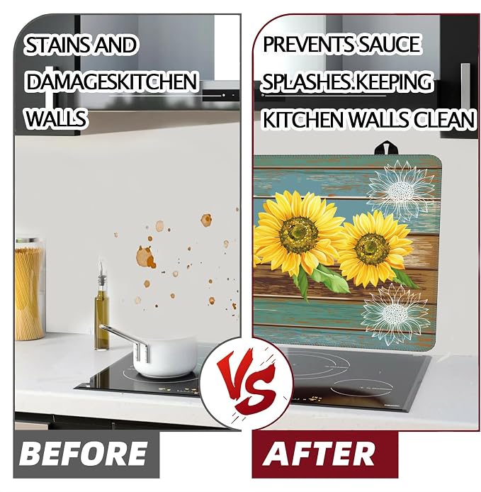 Stove Top Cover for Electric Stove 28" x 20" Sunflower Wood Grain Glass Flat Top Stove Mat Oven Induction Cooktop Mat for Ceramic Countertop Mats Heat-Resistant Dish Drying Mat Kitchen Decorations