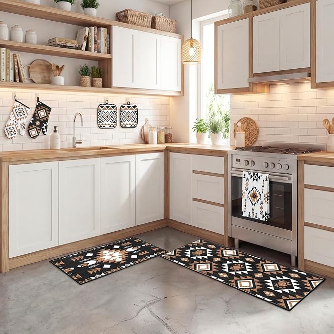 10 Pcs Kitchen Decor and Accessories Set, Western Boho | Aztec Tribal Geometric 4 Dish Towels Kitchen Rugs 2 Oven Mitts 2 Pot Holders, Home Decor for Cooking Baking BBQ Housewarming