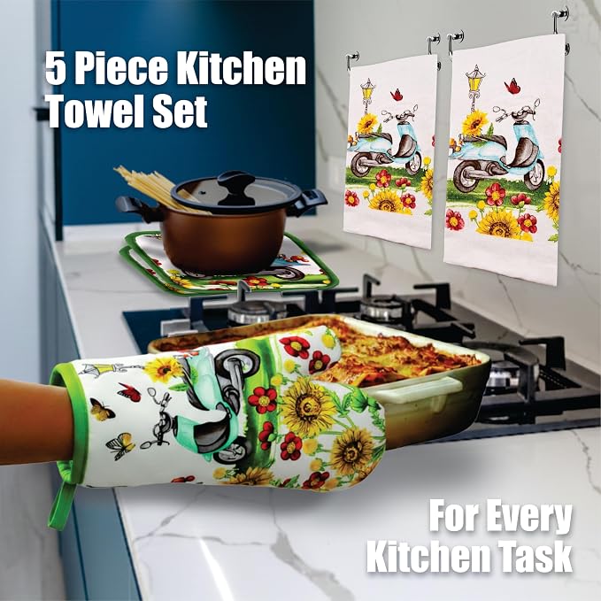 Sunflowers & Butterflies & Blue Scooter, 5 Piece Set | Kitchen Towel Set with 2 Decorative Dish Towels (25 X15), 1 Oven Mitt (11 X 7) and 2 Potholders (6.5 X 6.5)