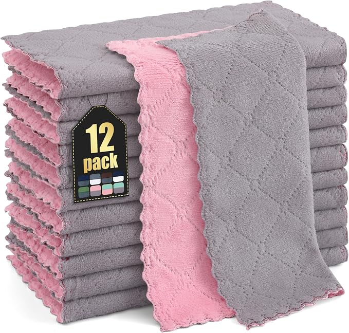 Homaxy 12 Pack Super Soft Dish Cloths, 10" x 10", Grey & Pink | Coral Velvet, Nonstick Oil Fast Drying Microfiber Cleaning Cloth, No Lint Household Dishcloths