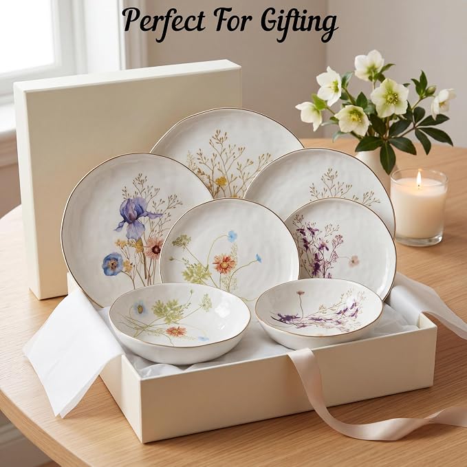 Sango 12-Piece Luxury Porcelain Dinnerware Set for 4- Glossy White Plates and Bowls Sets with Wildflower Patterns and Gold Rims, Ceramic Dish Set, Elegant Dishes for Everyday Dining, Gansevoort