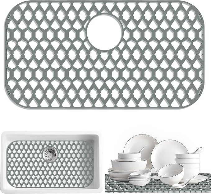 Silicone Kitchen Sink Protectors Mats - 12" 13" 14" 16" 18" 19" 21" 22" 24" 25" 26" 28" 30", Heat Resistant, Machine-wash (26”x14”, Rear Drain)