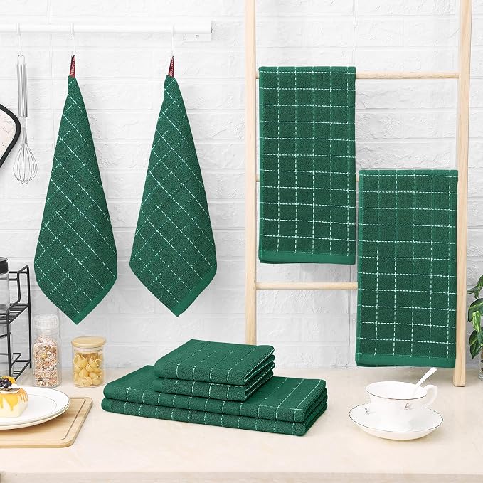 Homaxy Kitchen Towels and Dishcloths Set, Set of 8, Dark Green | Bulk Cotton Terry Kitchen Towels, Checkered Designed, Soft and Super Absorbent Dish Towels, 12 x 12 and 13 x 28 Inches