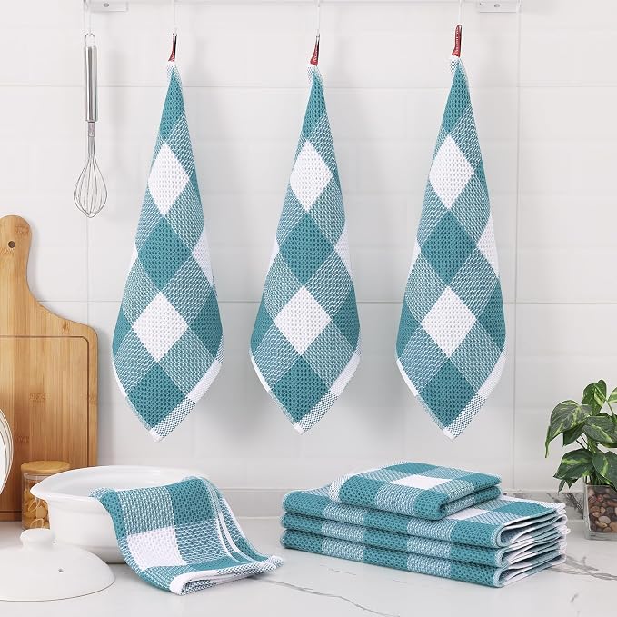 Homaxy Kitchen Towels and Dishcloths Set, Set of 8, White & Lake Blue | Bulk Cotton Waffle Weave Check Plaid Kitchen Towels, Super Soft and Absorbent Dish Cloths, 12 x 12 and 13 x 28 Inches