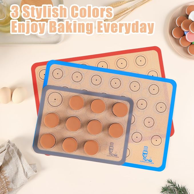 Silicone Baking Mat Macaron Set of 3-2 Half Sheet Liners 1 Quarter Sheet | Non Stick Silicon Cookie Oven Liner For Macaroons, Bake Pans, Pizza, Toaster, Cake and Bread Making (Red,Blue,Gray)
