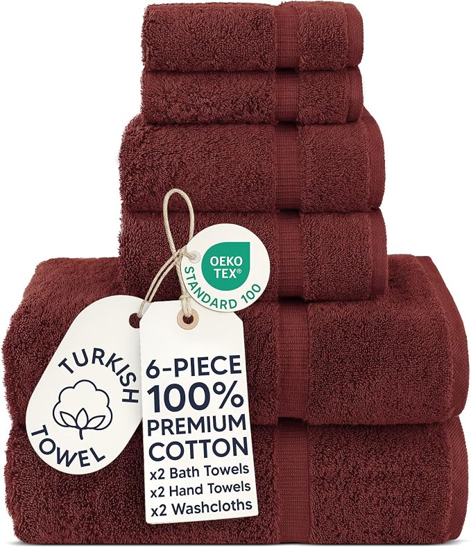 Chakir Turkish Linens 6 Piece Towels Set, 100% Cotton Luxury Turkish Towels for Bathroom, Soft Absorbent Bath Towel Set with 2 Bath Towels 2 Hand Towels 2 Washcloths, Cranberry
