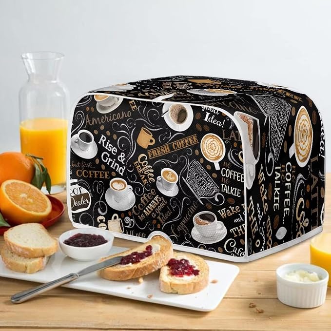 Coffee Theme Print 4 Slice Toaster Cover Kitchen Small Appliance Covers Universal Size Microwave Oven Dustproof Cover Women