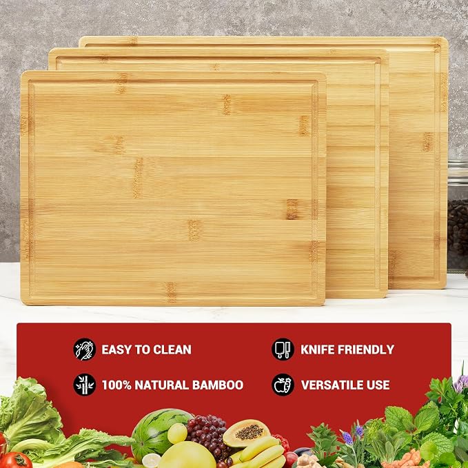 GarveeHome Bamboo Cutting Board Set of 3, Kitchen Cutting Board Set With Holder, Chopping Board Set With Deep Juicy Groove and Back Inner Handles for Meat, Vegetables and Fruit