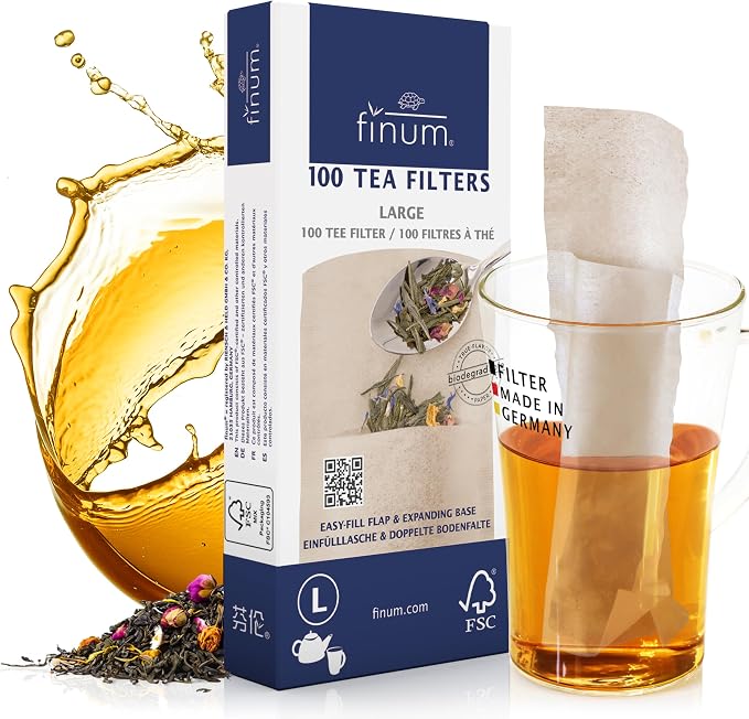 Finum Disposable Paper Tea Filter Bags for Loose Tea, Brown, Large, 100 Count