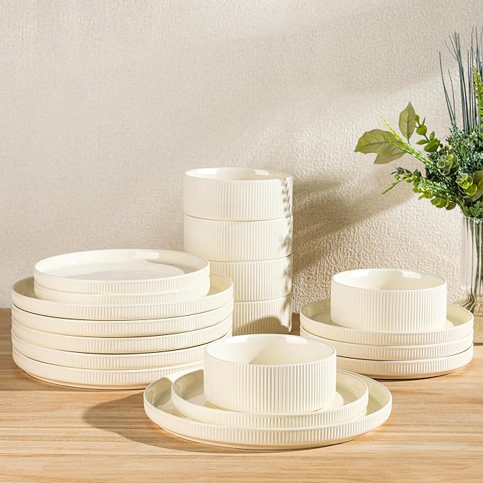 Ceramic Dinnerware Set for 6, 18-Piece Plates and Bowls Set | Lightweight Porcelain Dish Set, Scratch Resistant, Oven & Microwave & Dishwasher Safe, Beige