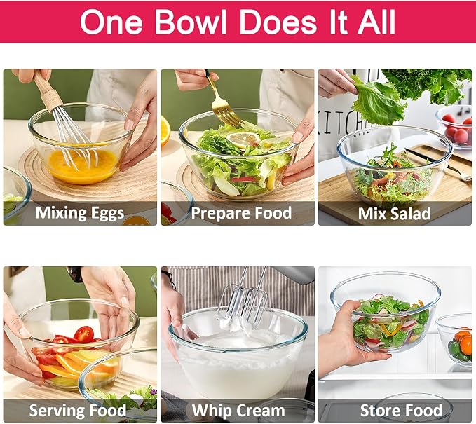 KOMUEE 4 Pack Glass Mixing Bowls Set with Lids (4.8QT, 2.9QT, 1.7QT, 0.8QT) | Glass Nesting Bowls for Kitchen Baking, Cooking and Serving, Oven, Dishwasher, Freezer, and Microwave Safe