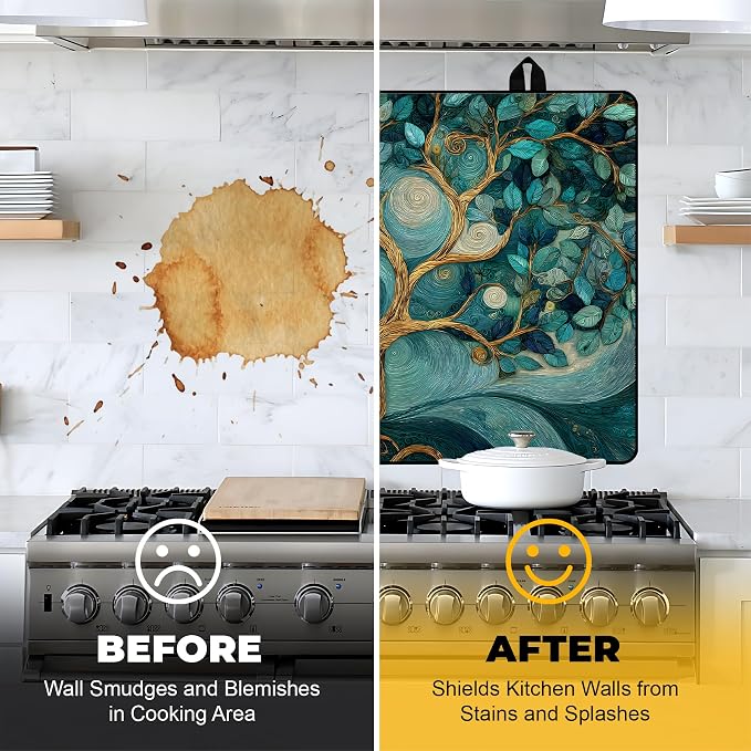 NYZE Stove Top Cover for Electric Stove 28x20 Inch Silicone Stove Topper & Protector, Decorative Kitchen Mat for Electric/Glass Stove Top (Teal Swirl Tree)