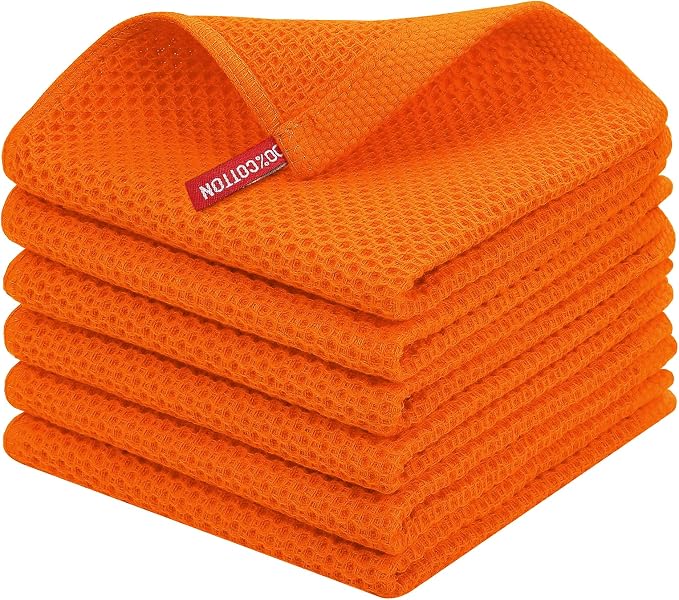Homaxy 100% Cotton Waffle Weave Kitchen Dish Cloths 6-Pack, Orange | 12 x 12 Inches, Ultra Soft Absorbent Dish Towels, Quick Drying Dish Rags with Hanging Loop