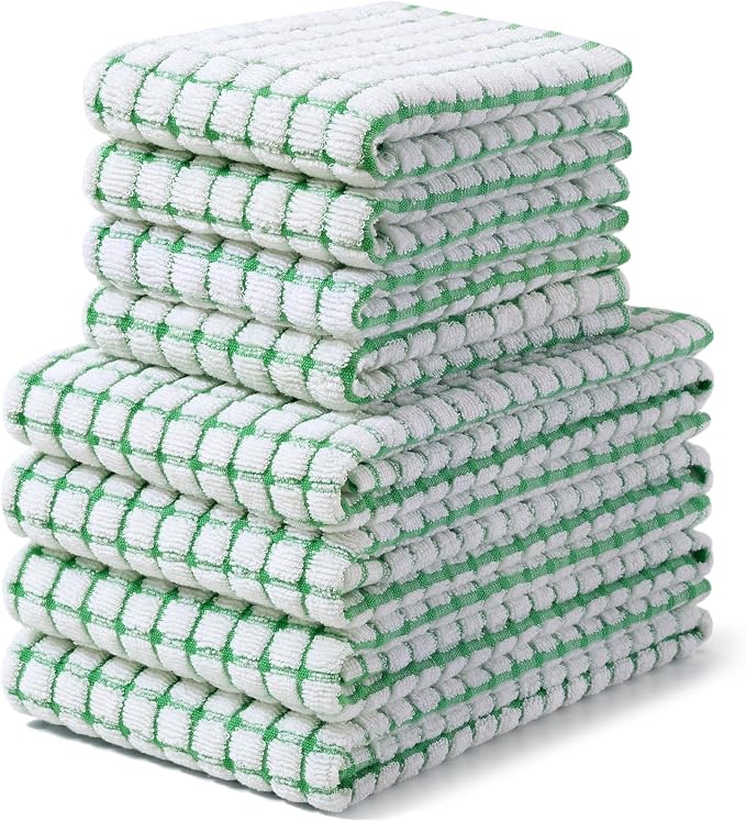 Homaxy Kitchen Towels and Dishcloths Set, Set of 8, Green | Cotton Terry Kitchen Dish Towels, Super Soft and Absorbent Dish Cloths, 16 x 25 and 12 x 12 Inches