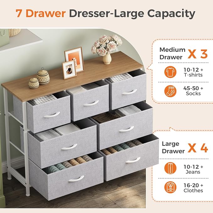 Sweetcrispy 7 Drawer Dresser for Bedroom Storage, Fabric Bins, Light Grey | Anti-Tip Closet Organizer, Wooden Top and Sturdy Steel Frame, Spacious Drawers for Clothes Storage, Hallway Entryway