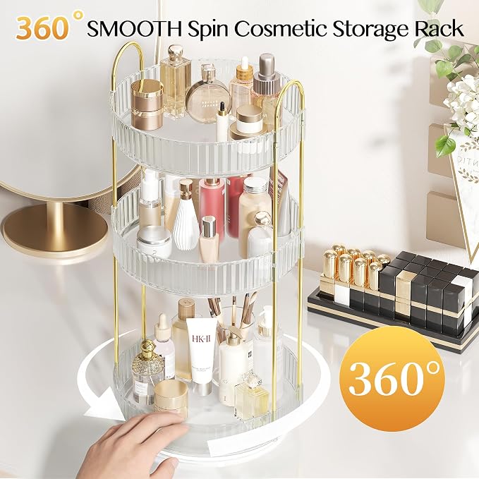 Rotating Rotating Makeup Organizer Countertop, Skincare Organizers | Spinning Perfume Tray Stand, Makeup Storage Organizer for Vanity, Bathroom Organizer and Storage, Lazy Susan, 3 Tier, Clear