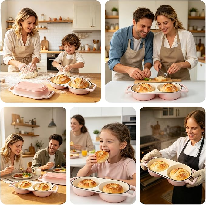Double Enameled Cast Iron Dutch Oven for Sourdough Bread Baking – 2-in-1 Bread Baker with Lid, Dual Mini Loaf Pan, 500°F Oven Safe, Even Heating for Artisan Bread, Nonstick Enamel