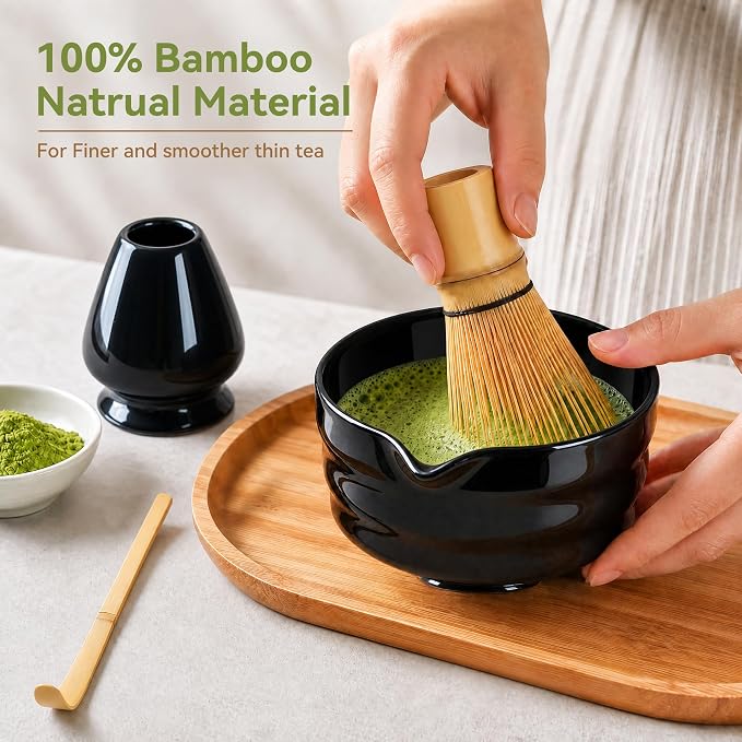 Matcha Whisk Set with Modern Black Ceramic Bowl - Japanese Tea Ceremony Essentials, Includes Bamboo Whisk (Chasen), Holder, Matcha Powder Sifter, Scoop, Complete Preparation Kit