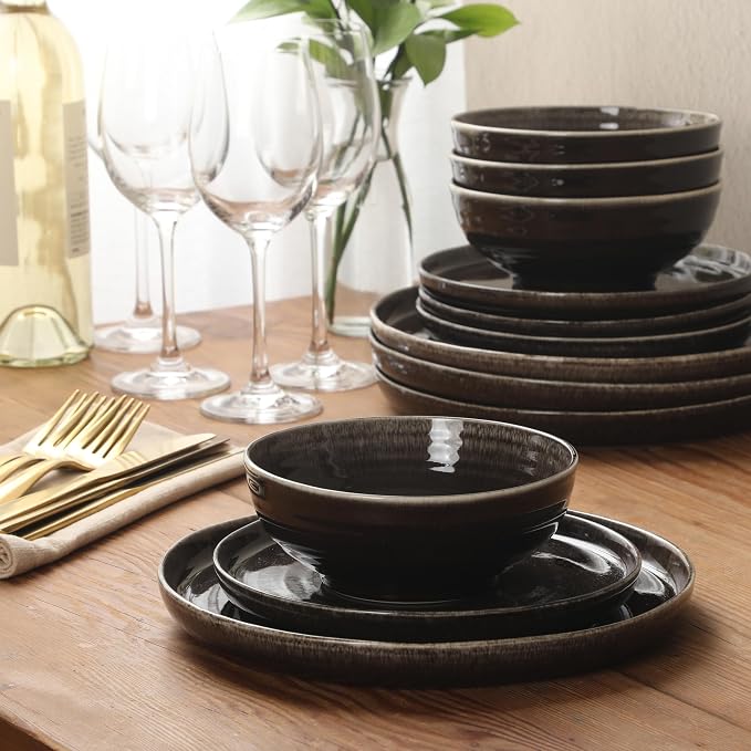 Gibson Elite Eclipse Swirls Plates and Bowls Sets, 12-Piece Stoneware Dinnerware Sets, Reactive Glaze Dish Set - Black
