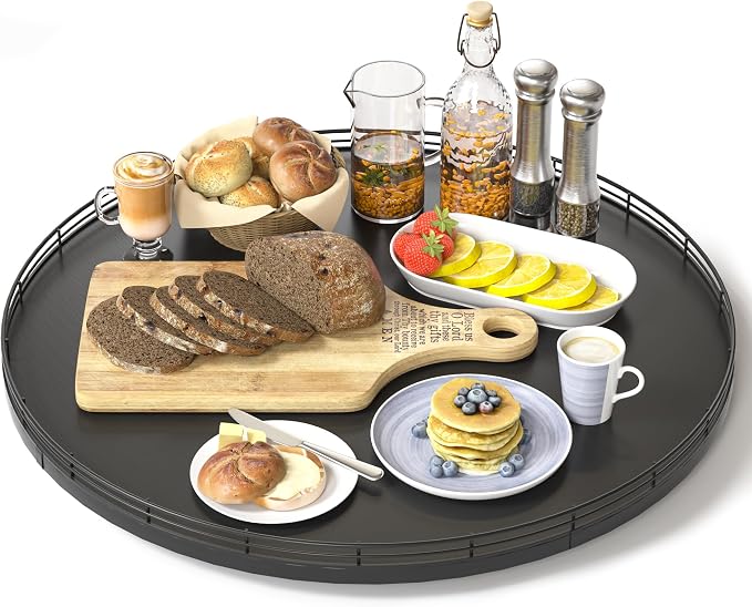 Oroyutor 18-Inch Oak Lazy Susan Organizer with Black Metal Rail | Rotating oak tray organizes spices, toiletries and decor on kitchen counters, bathroom vanities, dining and coffee tables.