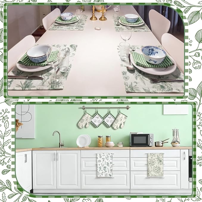Fourluoo 16 Pcs Green Floral Kitchen Decor Set Kitchen Towels Non Slip Rugs and Mats for Floor Oven Mitts Gloves Pot Holders Placemats Art Abstract Curtains for Home Decoration Gift