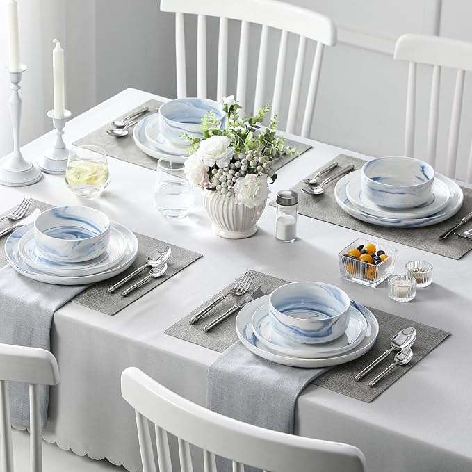 MALACASA 12 Pcs Porcelain Plates and Bowls Sets,Dinnerware Set for 4,Blue | Modern Ceramic Dishware Set,Kitchen Dining Ware,Microwave and Dishwasher Safe,Unique Marble Blue Design,Series LUNA