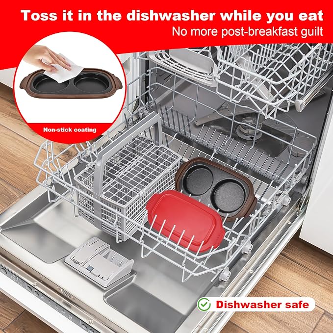 Microwave Egg Poacher & Cooker for 2 Eggs – Multi-Use Fryer with Silicone Lid, Makes Bacon, Omelets & Breakfast Sandwiches | Dishwasher Safe, BPA-Free, Portable for Dorm, Travel, Office (Red)