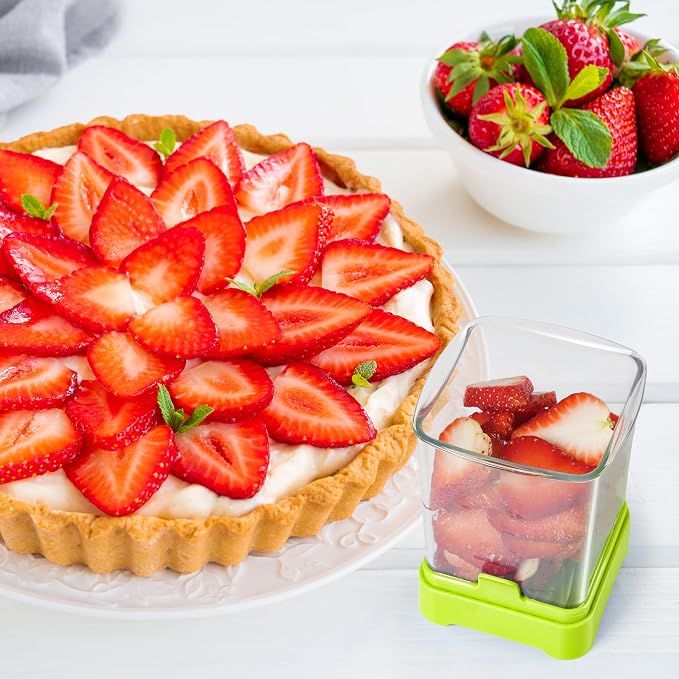 Strawberry Slicer Cup, Fruit Cutter, Quick-Slice, Meal Prep, Green | Dual-Function Base, Easy-Clean & Storable – 304 Stainless Steel Blade – Quick & Safe Slicing Kitchen Gadget
