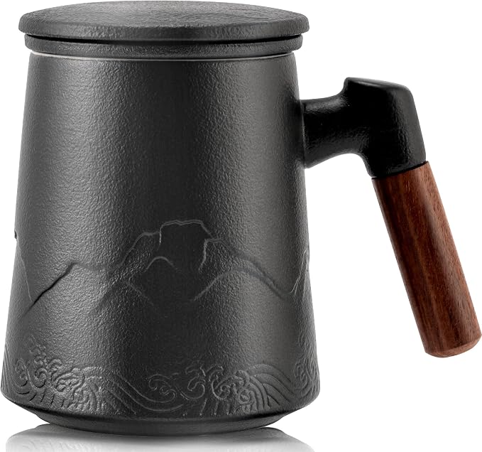 suyika Tea Cup with Infuser and Lid, Gradient Black & Blue, 15.2oz /450ml | Ceramic Mug, Wood Handle, For Loose Leaf Tea