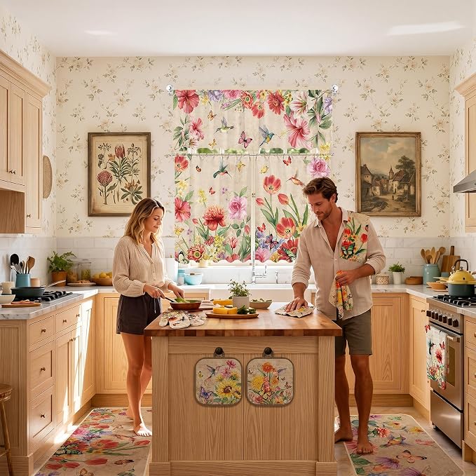 13 Pcs Wildflowers Grass Kitchen Decor Set 3 Hummingbird Kitchen Curtains Valance 2 Spring Rugs and Mats 4 Towels 2 Pot Holders 2 Oven Mitts for Home Cooking Grilling Housewarming Gift