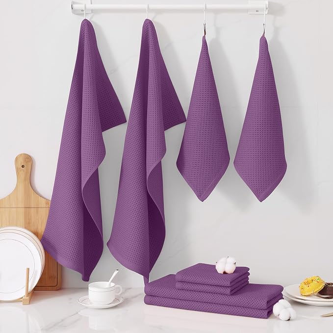 Homaxy 8 Pack 100% Cotton Kitchen Towels and Dishcloths Set, Purple | 12 x 12 Inches and 13 x 28 Inches Kitchen Towels Set, Ultra Soft Absorbent Dish Cloths for Washing Dishes