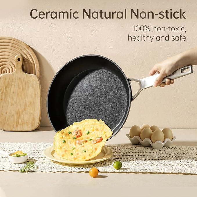 MsMk 12 Inch Nonstick Frying pan, Grey Large Cooking Pan Titanium Skillet | Non Toxic, Even Heating, Easy Clean, Dishwasher & Oven Safe, suitable for gas & electric & induction stoves, PFOA & PFAS Free