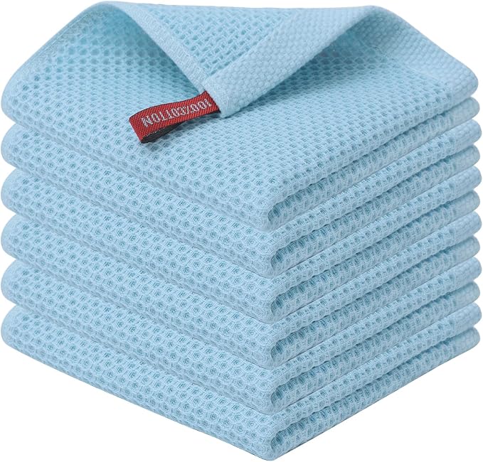 Kitinjoy 100% Cotton Waffle 6-Pack Kitchen Towels, 12" x 12", Sky Blue | Ultra Absorbent, Super Soft, lightweight, Quick Drying Dish Rags for Washing Dishes