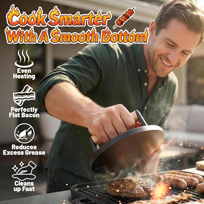 6.5" Smash Burger Press 20pc Baking Paper Smasher, Gift for Men | 2lb Heavy-Duty Grill Bacon Meat Press with Wood Handle,Nonstick hamburger Smasher for griddle accessories,BBQs and Tailgates