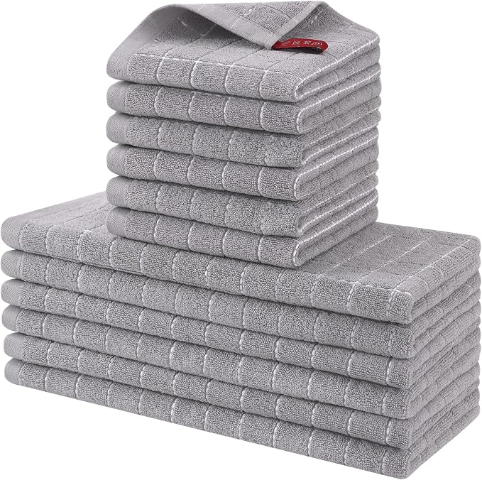 Homaxy Kitchen Towels and Dishcloths Set, Set of 12, Light Grey | Bulk Cotton Terry Kitchen Towels, Checkered Designed, Soft and Super Absorbent Dish Towels, 12 x 12 and 13 x 28 Inches