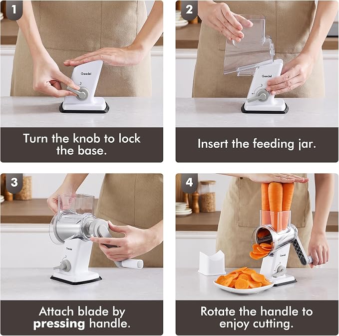 Geedel Upgraded Rotary Cheese Grater Hand Crank, Vegetable Shredder Slicer | 4 Blades, Stronger Suction Base, Wider Chute, 18x Faster Cutting, No BPA, Stainless Steel, for Cheese, Veggies, Nut