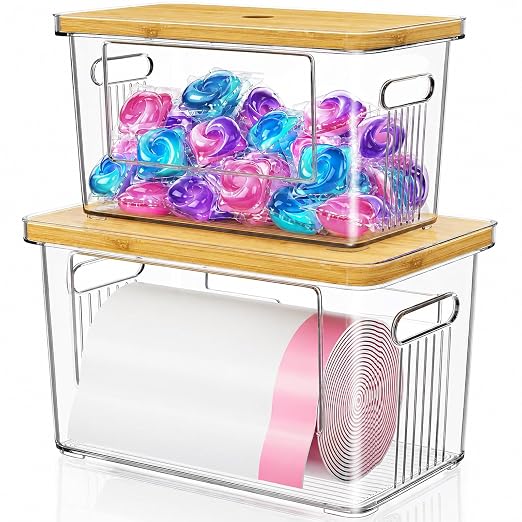 2 Pack Trash Bag Holder with Bamboo Lid, Stackable Acrylic Trash Bag Dispenser Roll Holder Under Sink, Plastic Container Garbage Bags Storage Organizer for Kitchen, Pantry, Laundry Room Organization