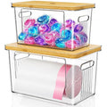 2 Pack Trash Bag Holder with Bamboo Lid, Stackable Acrylic Trash Bag Dispenser Roll Holder Under Sink, Plastic Container Garbage Bags Storage Organizer for Kitchen, Pantry, Laundry Room Organization