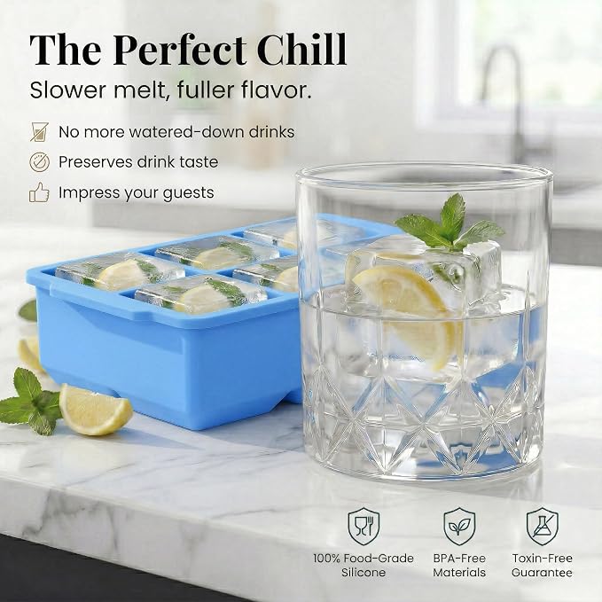 KitchFort® Large Silicone Ice Cube Tray (2-Pack) - 2" Big Ice Mold with Lid | Easy Release, Cocktail, Whiskey Ice Cubes Mold - Food Grade - Ice Cube Trays for Freezer - Stackable Silicone Ice Tray