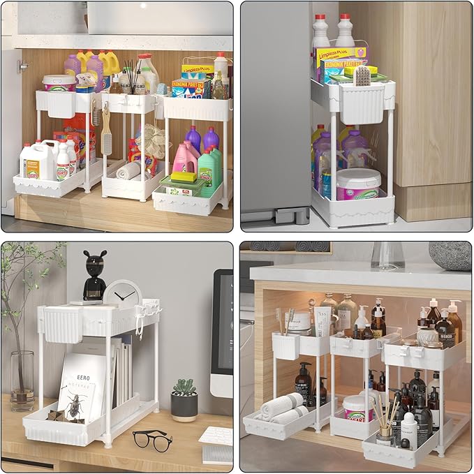 3-Pack 2-Tier Under Sink Organizers with Sliding Drawers | Multi-use kitchen & bathroom storage, 12.8 inch white cabinet organizer, space-saving sliding drawer design.