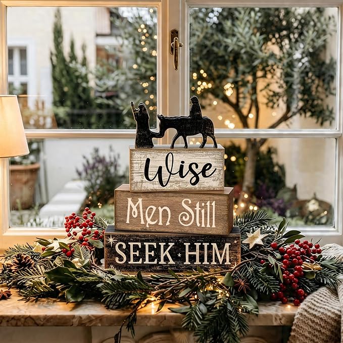 Lineshading 4 Pcs Christmas Nativity Wooden Blocks Wise Men Table Decor | Christian Tiered Tray Decor, Seek Him Message, Rustic Stackable Blocks for Church Home Office Desk, Nativity Scene Display