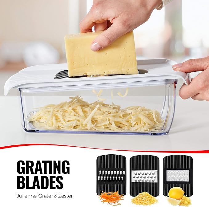 Fullstar Pro Mandoline Vegetable Slicer, Grater & Spiralizer with Container | 6 in 1 Fruit Cutter, Cheese Grater & Spiralizer with Safety Gloves, Stainless Steel Blades & Container (White/Black)