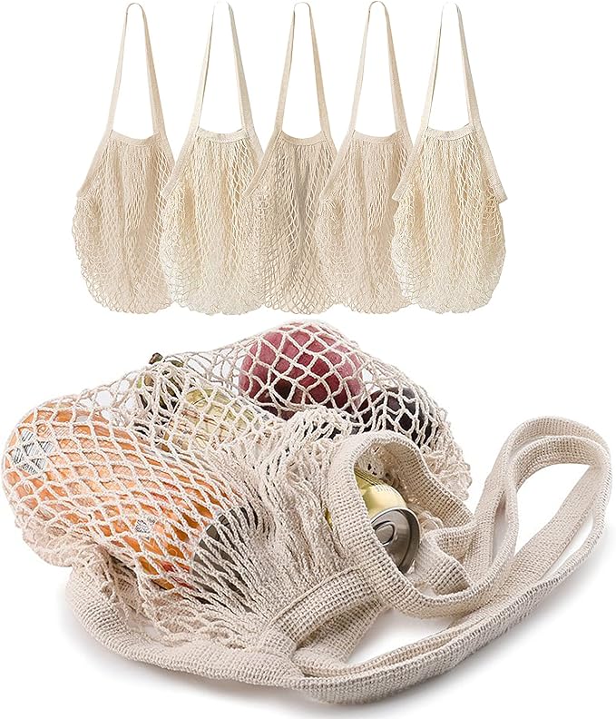 5 pack Cotton String Shopping Bags Reusable Washable Grocery Mesh Bags Organizer for Grocery Shopping Produce Net Bags with Longhandle for Fruit Vegetable Storage