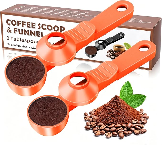 2-in-1 Coffee Scoop with Funnel, 2 Tbsp Measuring Spoon for Reusable K Cups, Ground Coffee, Protein Powder & Tea, Mess-Free Plastic Design（Orange-2pack）